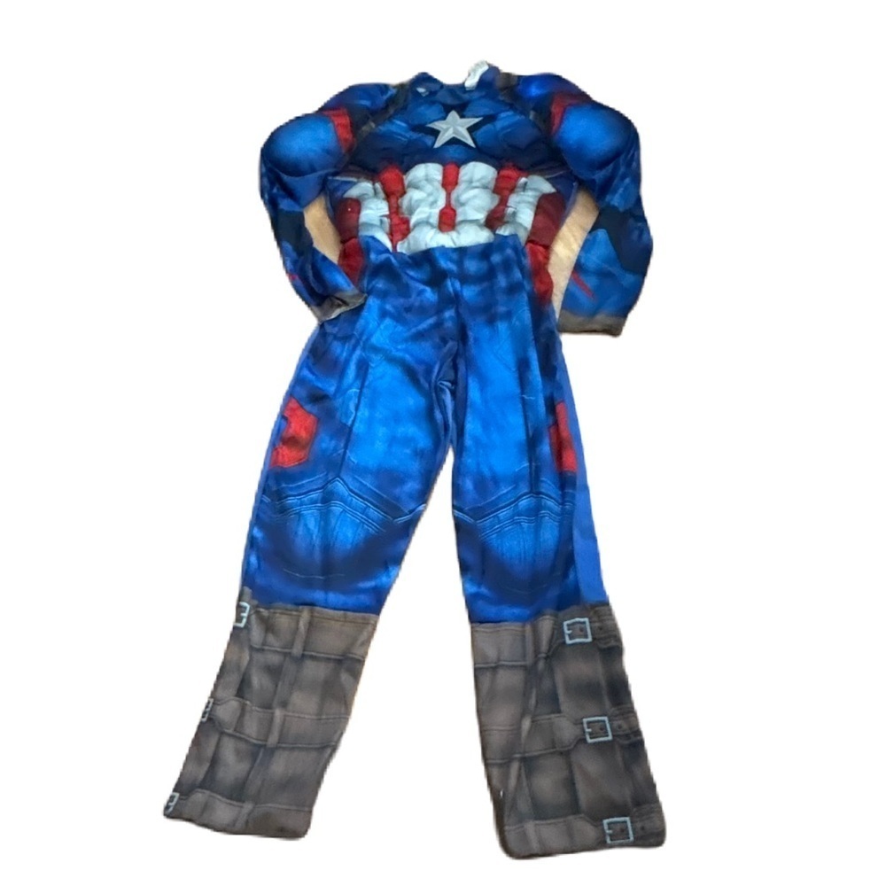 Marvel Captain American Bodysuit Costume Large 12-14 Kids Muscles Halloween - Picture 1 of 6